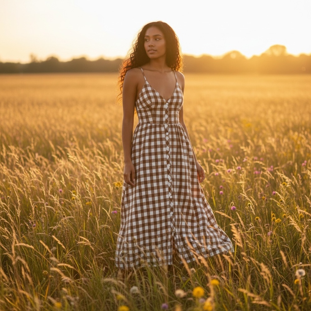 A New Day Button Front Gingham Check Linen Midi Dress Womens Size XS